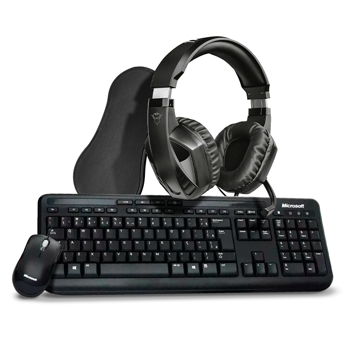 Kit com Headset Gamer Trust GXT 412 Celaz + Teclado e Mouse Wired Desktop 600 + Apoio para Antebraço Ergonômico