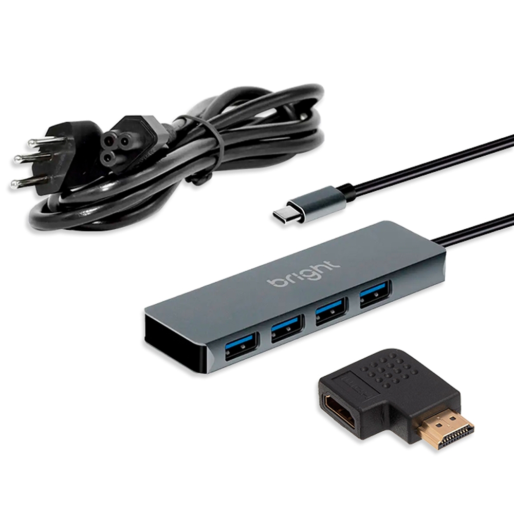 Kit com Adaptador HDMI em L + HUB USB Bright com 4 portas + Cabo de Força Tripolar 1,2m 10A Flexível