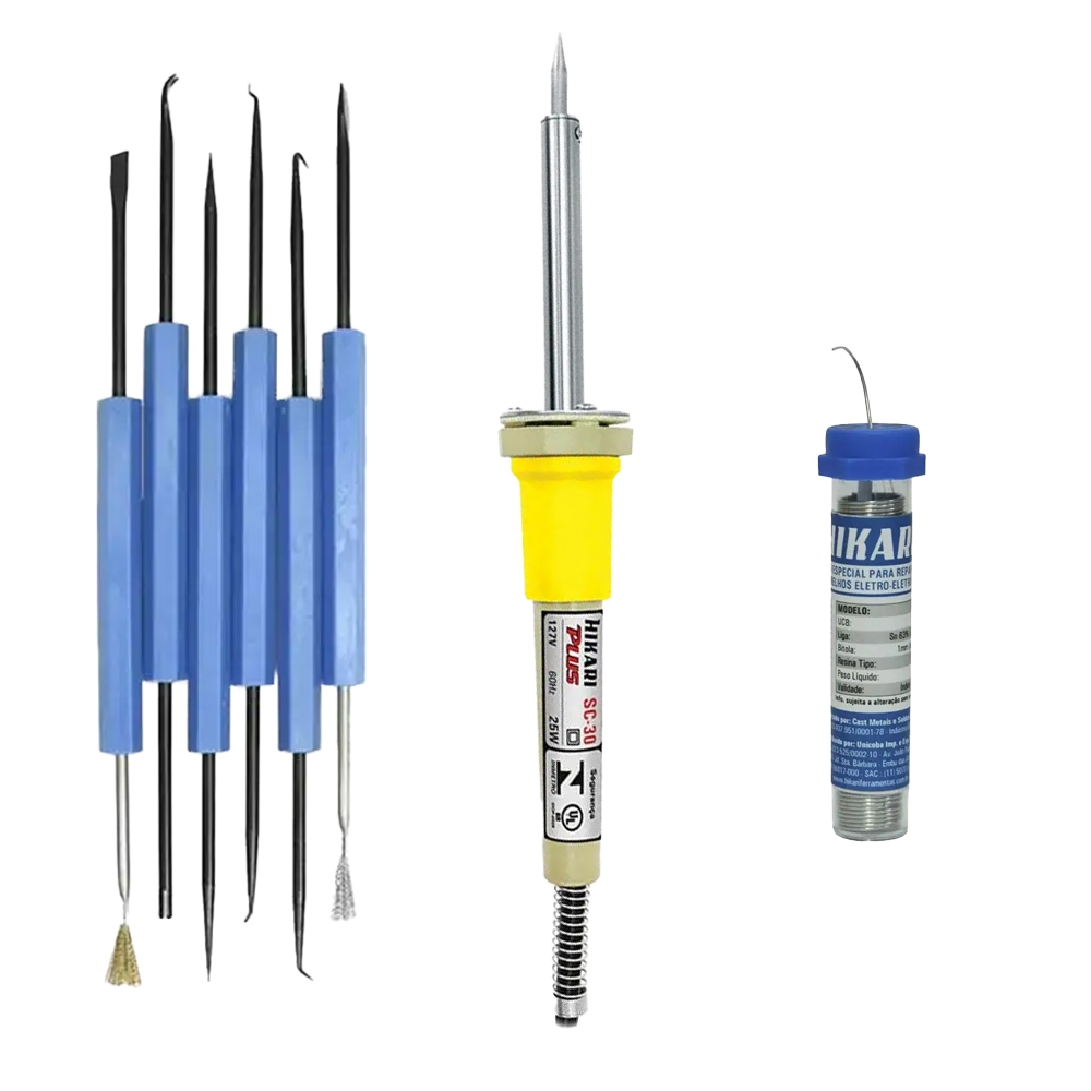 Ferro de Soldar Plus SC-30 127V + Solda em Fio 22g HS63 + Conjunto de Assistentes para Soldagem HK-151