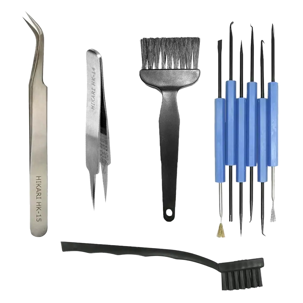 Pinça Reta Ponta Fina 125MM - HK-14 + Pinça Curva 125MM - HK-15 + Pincel ESD HK-218 + Escova HK-212 ESD + Conjunto de Assistentes para Soldagem HK-151