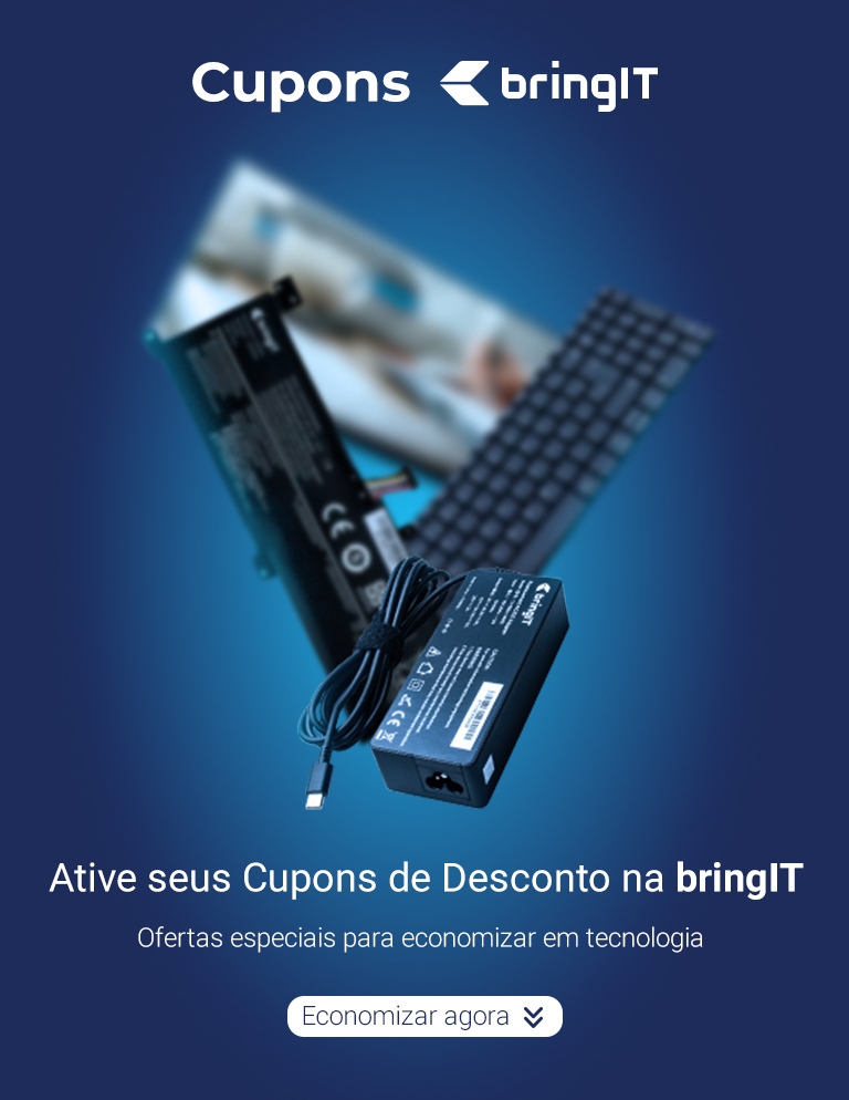 Banner promocional da bringIT incentivando o uso de cupons de desconto, com o texto 'Ative seus Cupons de Desconto na bringIT' em um fundo azul. Imagens de componentes tecnológicos, como bateria, teclado e carregador, estão presentes à direita.