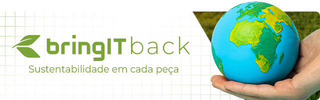 Banner com o logotipo 'bringITback' ao lado do slogan 'Sustentabilidade em cada peça' em verde. Uma mão segura um globo terrestre colorido, destacando o compromisso com a sustentabilidade