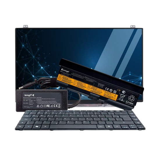 imagem de um conjunto de produtos para notebook: tela para notebook, bateria para notebook, teclado para notebook e uma fonte ou carregador para notebook