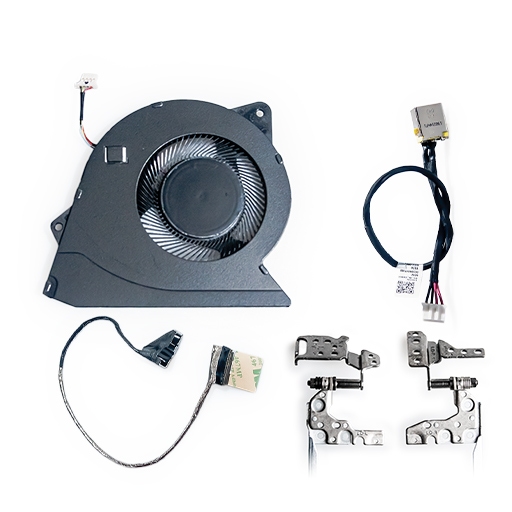 Imagem de um conjunto de produtos para notebook: dc jack, cabo flat, hastes e um cooler