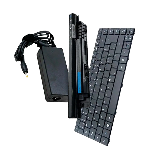 imagem de 3 itens para notebook: bateria, teclado e fonte ou carregador