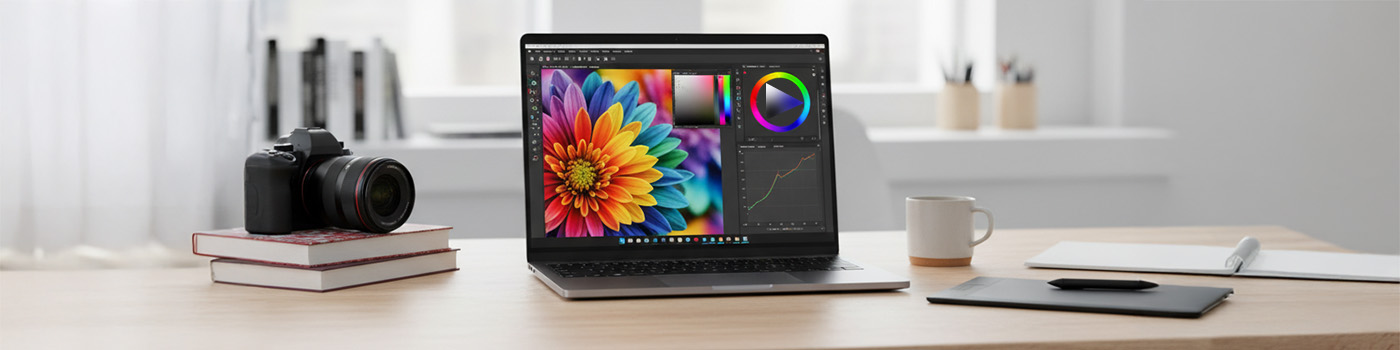 Imagem de um escritorio com um notebook aberto mostrando uma gama de cores alta