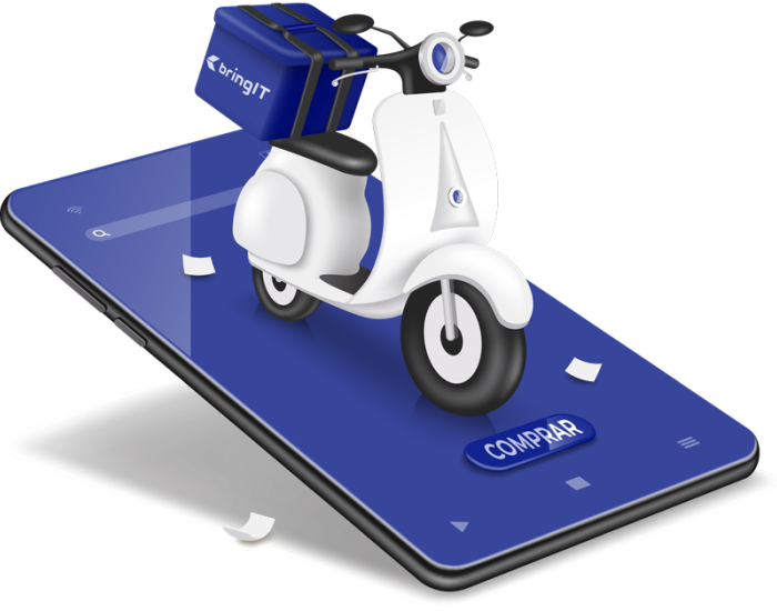 Ilustração de uma moto de entrega branca com uma caixa azul da bringIT, saindo de um smartphone com o botão 'Comprar' em destaque, representando a entrega via motoboy.