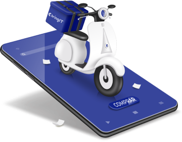 Ilustração de uma moto de entrega branca com uma caixa azul da bringIT, saindo de um smartphone com o botão 'Comprar' em destaque, representando a entrega via motoboy.