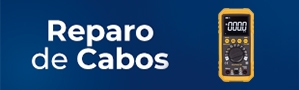 Banner promocional com o texto 'reparo de cabos', exibido em letras grandes e brilhantes, sobre um fundo azul