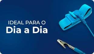 Mini banner com fundo azul destacando uma pulseira antistática com cabo e jacaré. Texto: 'Ideal para o Dia a Dia', enfatizando segurança e praticidade para técnicos em eletrônica e manutenção.