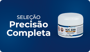 Mini banner promocional com fundo azul destacando um pote de pasta térmica IGC 220. Texto: 'Seleção Precisão Completa', ideal para profissionais que buscam qualidade e precisão em reparos e manutenção técnica.