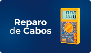 Mini banner promocional com fundo azul destacando um multímetro digital laranja. Texto: 'Reparo de Cabos', promovendo ferramentas específicas para manutenção e reparos elétricos.