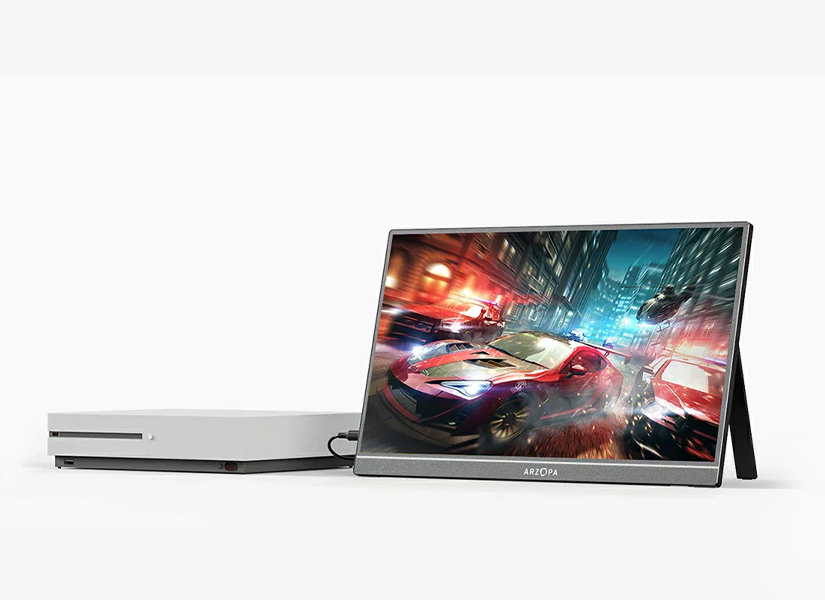 Monitor portátil Arzopa A1 e um videogame ao lado