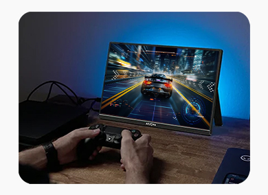 Monitor portátil Arzopa A1S e um videogame ao lado