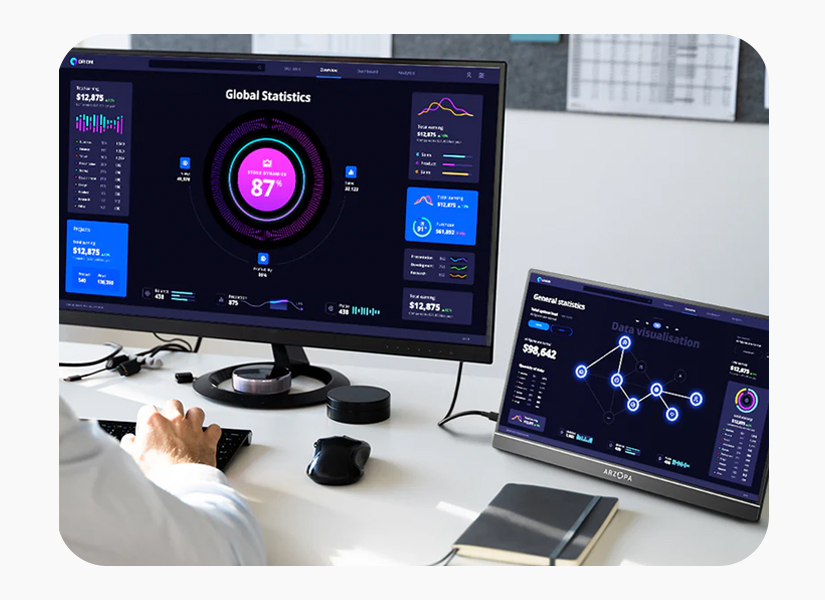 Monitor portátil Arzopa Z1RC sendo usado ao lado de um desktop