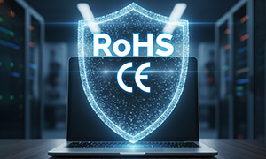 notebook com um escudo com os selos de segurança CE e RoHS